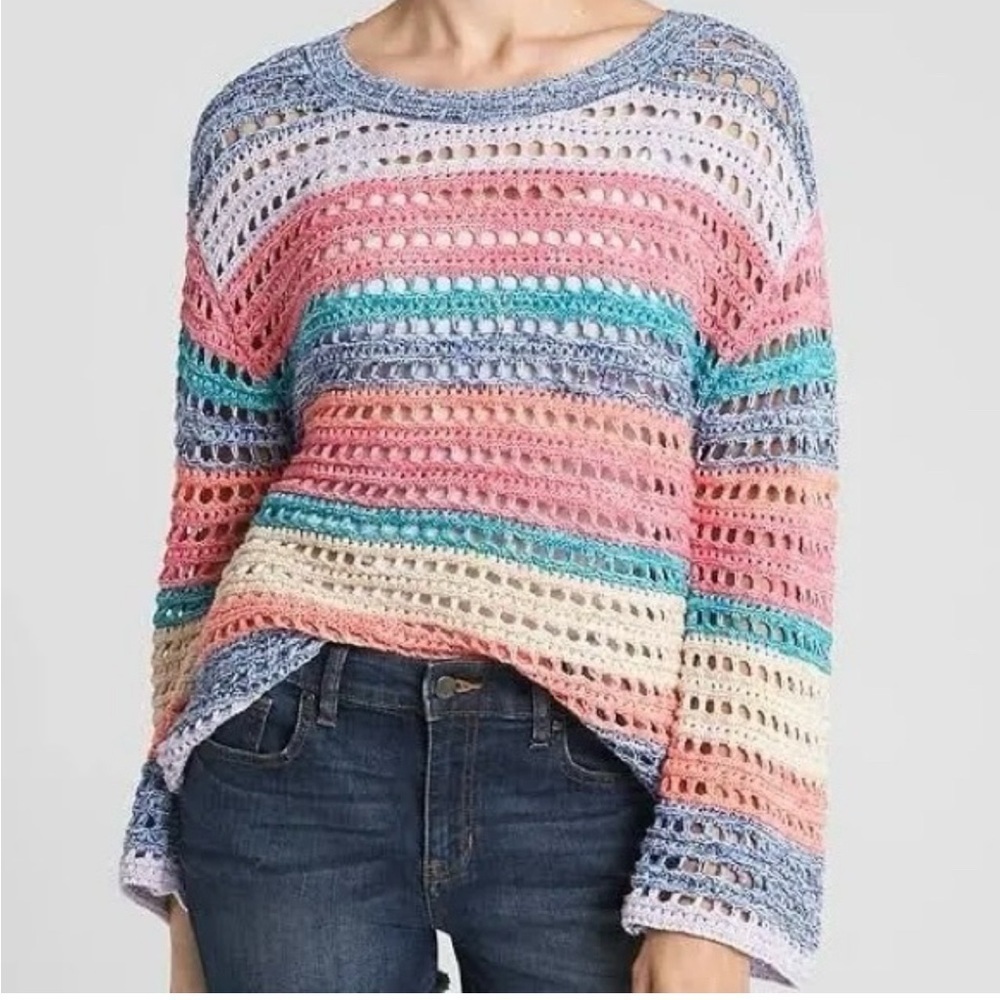 GAP open weave crocheted sweater, size M, bell sleeves, muted colors, loose fit - Picture 2 of 7